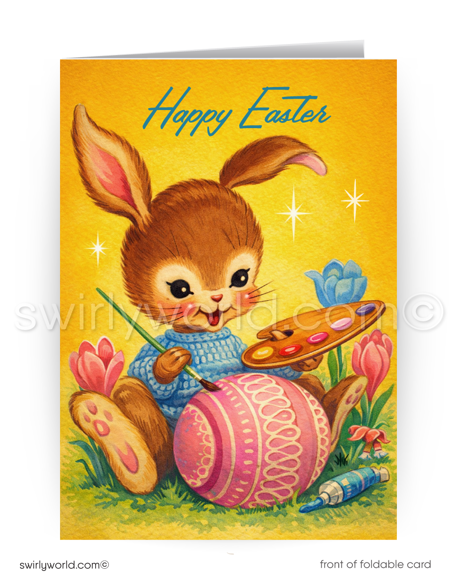 Easter card with a bunny painting an egg on a yellow background