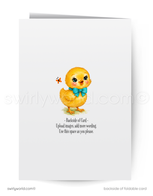 Greeting card with a cute chick illustration and text on a white background