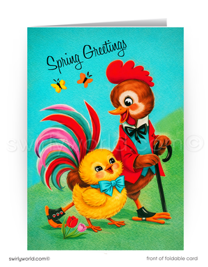 Vintage Easter Card – Dapper Rooster & Chick in Retro Easter Attire, MCM Design
