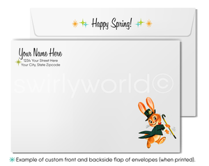 Envelopes with a cartoon rabbit in a suit and top hat, 'Happy Spring!' text, and customizable fields.