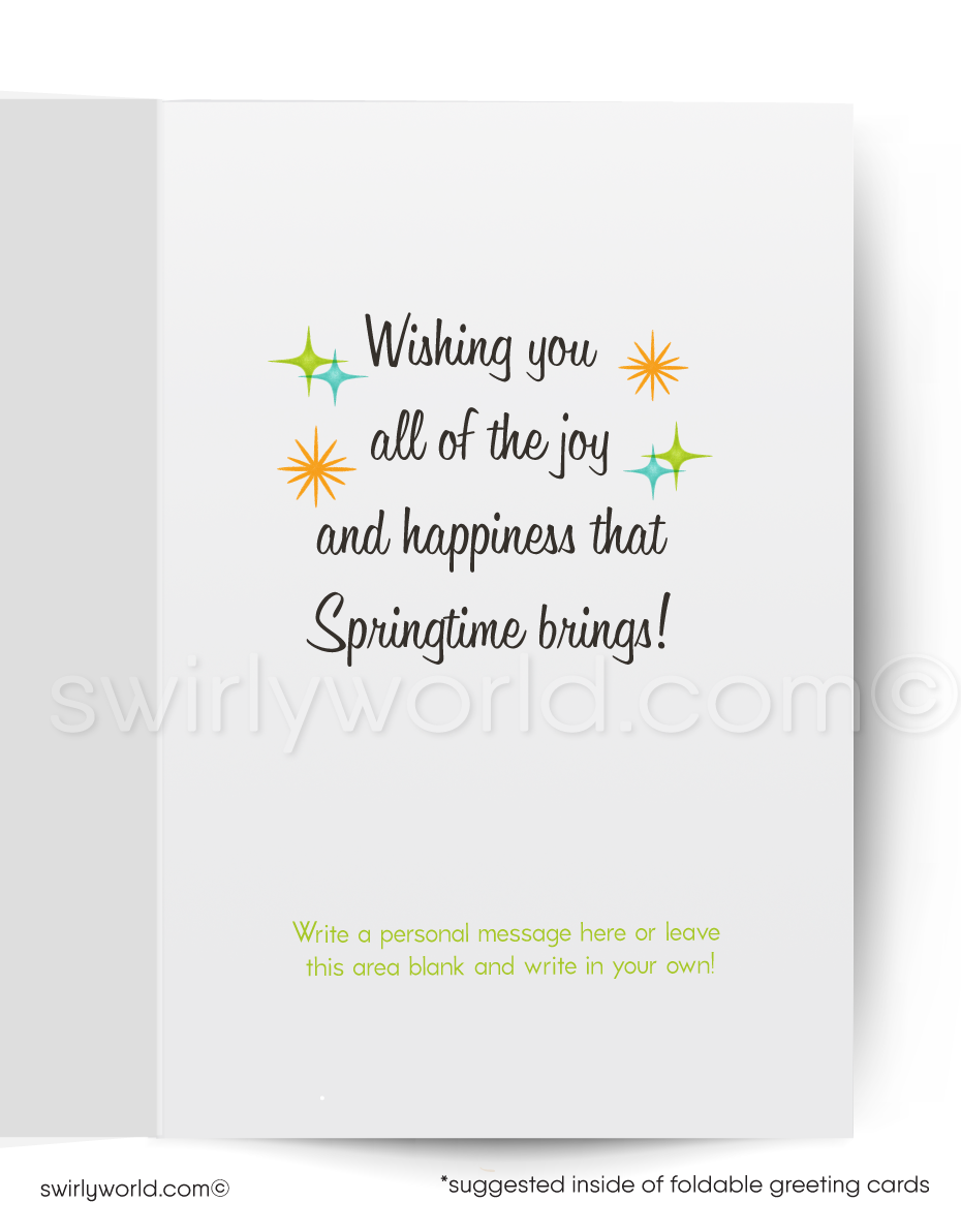 Easter card with a rooster and colorful eggs on a blue background