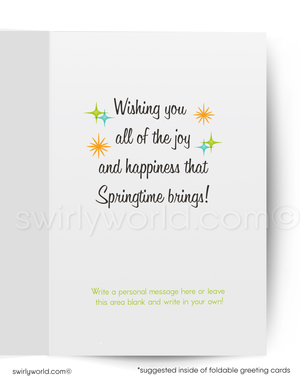 Foldable greeting card with springtime message and colorful stars on a white background