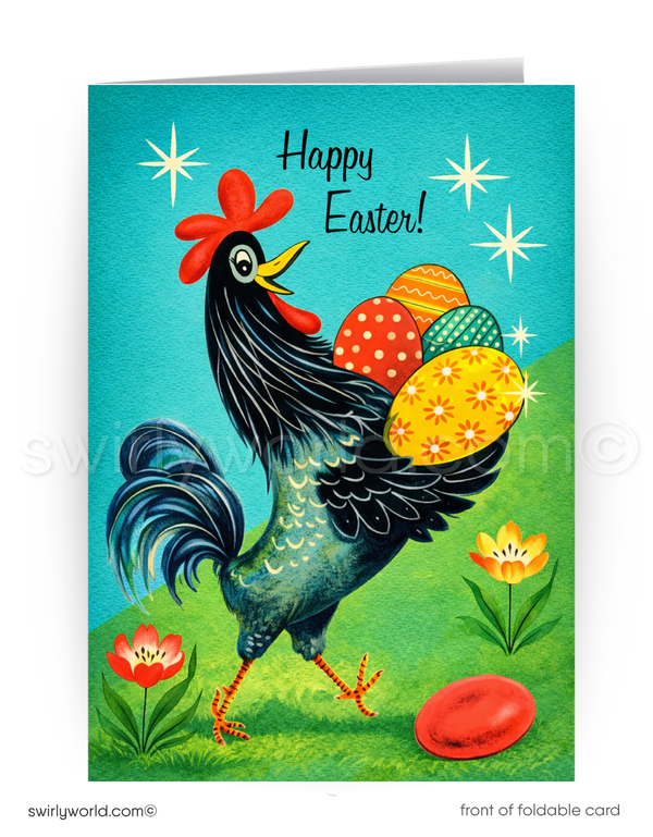 1960s Vintage Easter Card – Rooster with Pastel Eggs in Spring Garden ...