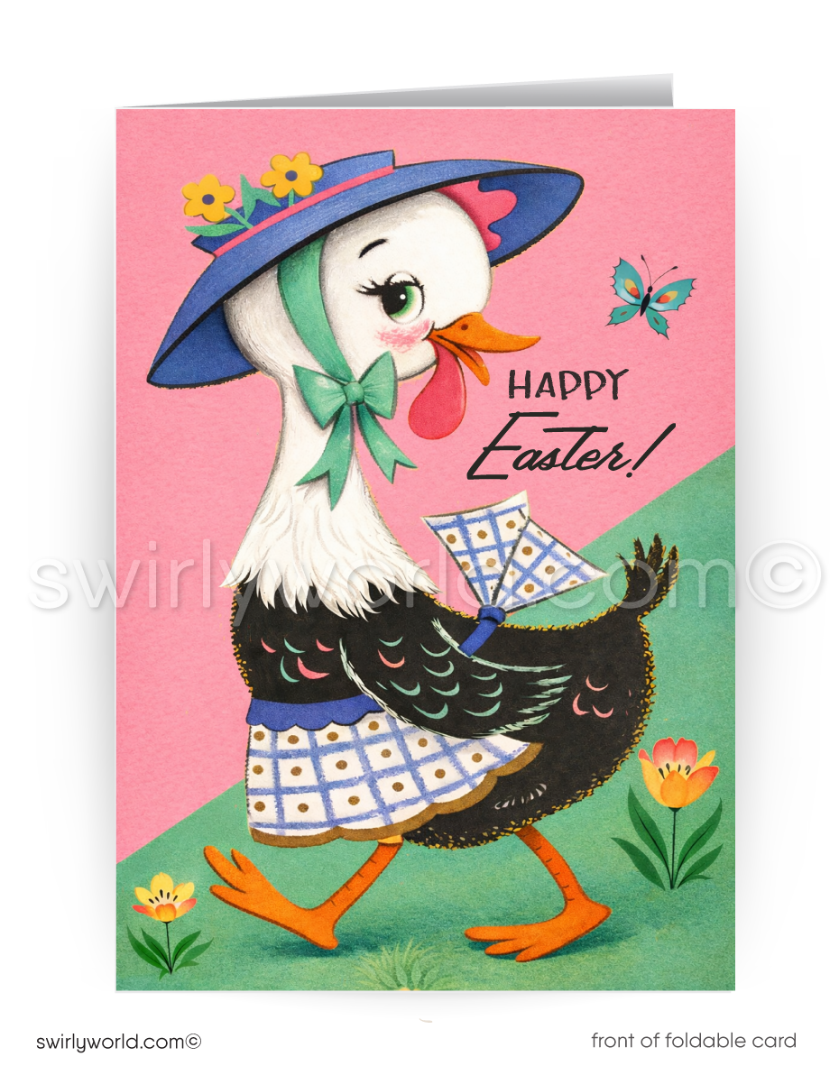 Vintage-style Easter card with a cartoon duck wearing a hat and holding an egg, on a pink and green background.