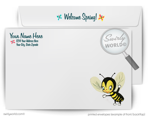 Vintage Spring Card – Bumble Bee on Mushroom in Blooming Forest, Retro Kitschy MCM Design