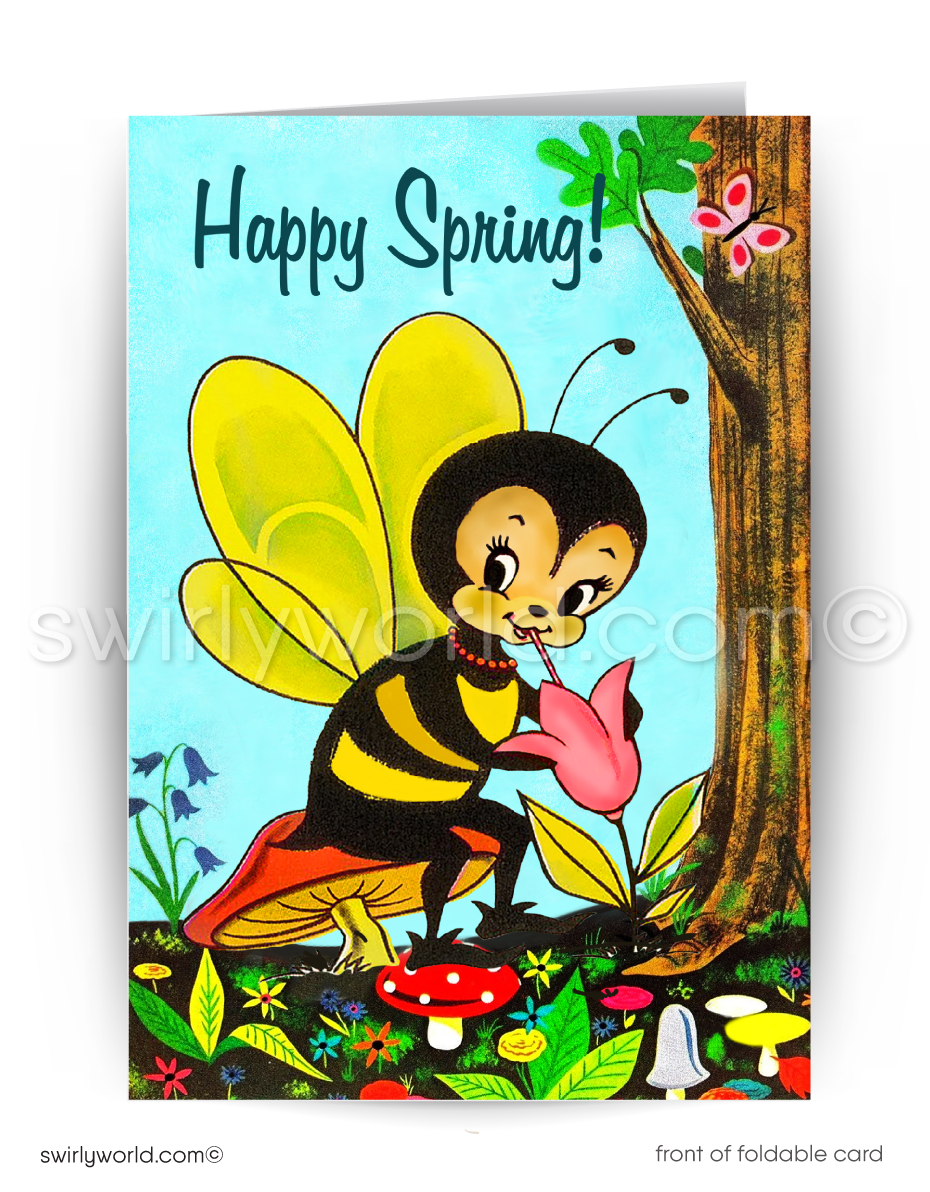 Vintage Spring Card – Bumble Bee on Mushroom in Blooming Forest, Retro Kitschy MCM Design