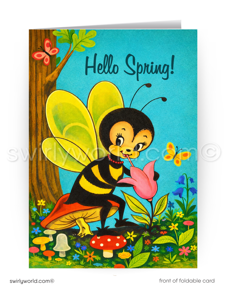 Card with a bee character holding a flower, surrounded by flowers and butterflies, with 'Hello Spring!' text.