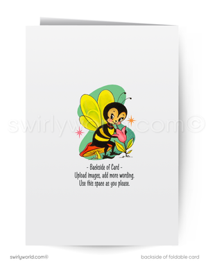 Backside of a folded card with a cartoon bee and butterfly character holding a heart, on a white background.