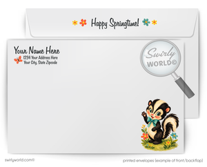 Swirly World letterhead with a skunk illustration and 'Happy Springtime!' text