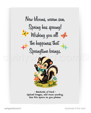 Card with a skunk illustration and springtime message on a white background