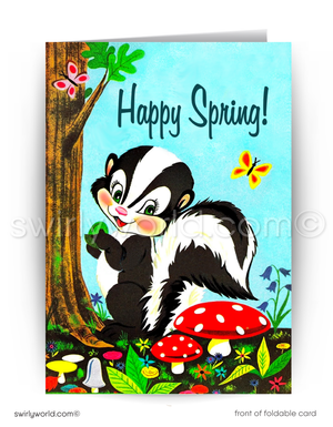 Charming vintage spring card featuring a kitschy skunk in a blooming forest with flowers, mushrooms & butterflies. Retro 1950s design with MCM flair!