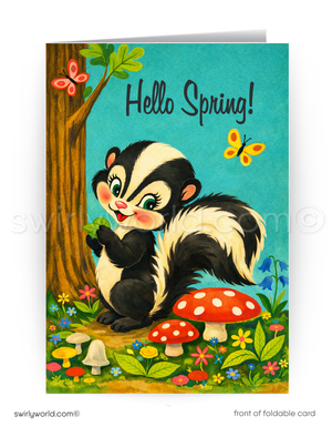 Greeting card with a vintage 1950s skunk illustration and 'Hello Spring!' text, featuring mushrooms and flowers.
