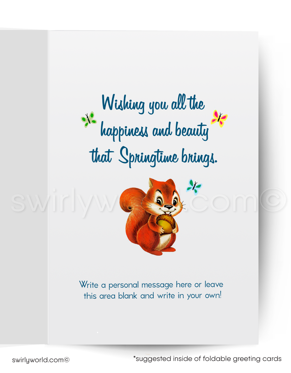 Adorable vintage spring card with a kitschy bear carrying a basket through a blooming forest. Retro florals, butterflies & MCM charm on a sunny woodland path!