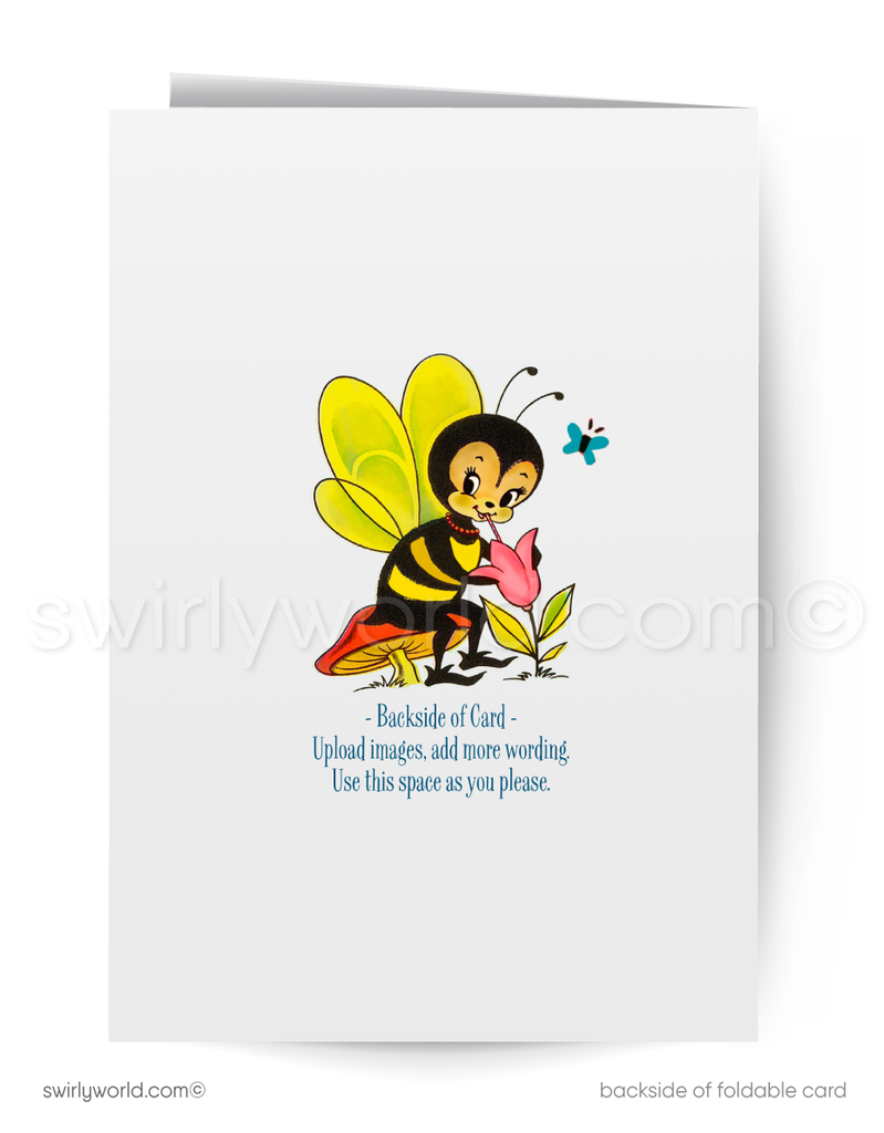 Vintage Spring Greeting Card – Kitschy Bear with Basket in Blooming Forest, 1950s Retro MCM Design