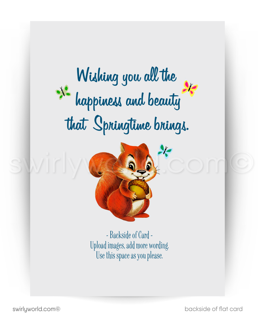 Vintage Spring Greeting Card – Kitschy Bear with Basket in Blooming Forest, 1950s Retro MCM Design