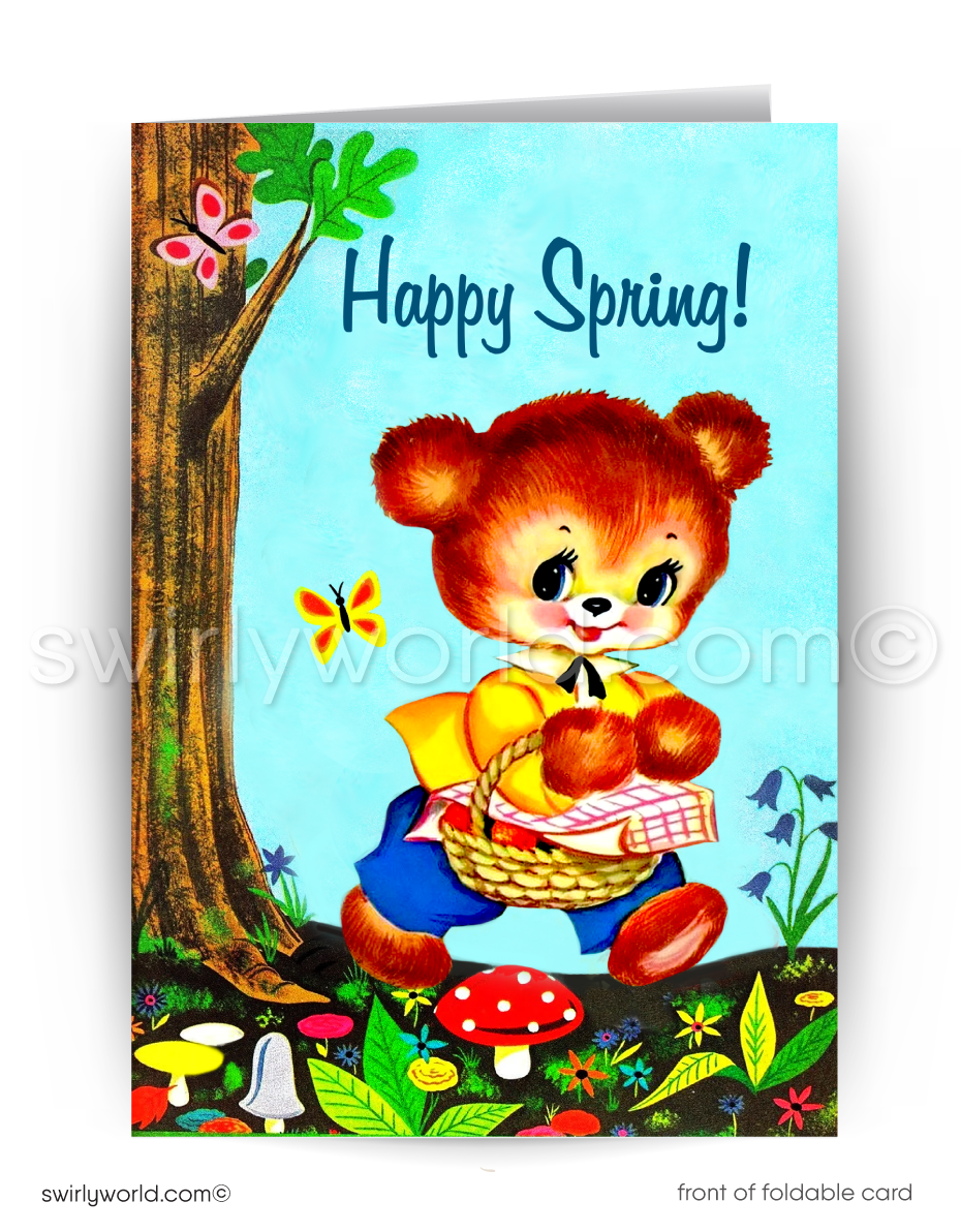 Adorable vintage spring card with a kitschy bear carrying a basket through a blooming forest. Retro florals, butterflies & MCM charm on a sunny woodland path!