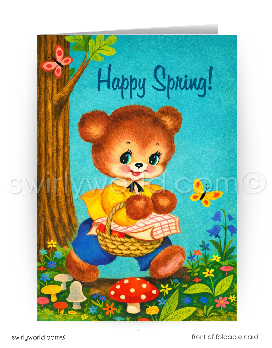 Greeting card with a bear holding a basket in a springtime setting, featuring flowers, mushrooms, and a butterfly.