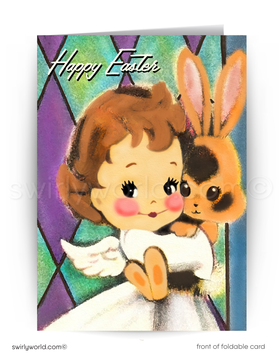 1950s-1960s Vintage Easter Card – Angel Girl Holding Bunny, Stained Glass Retro Design