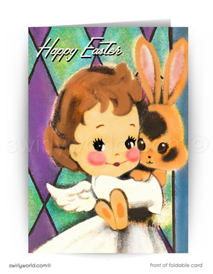 1950s-1960s Vintage Easter Card – Angel Girl Holding Bunny, Stained Glass Retro Design