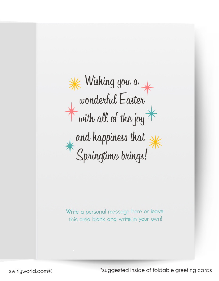 Easter card with two cartoon bunnies, one holding a basket of eggs and the other with a bouquet of flowers.