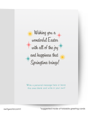 Easter greeting card with colorful stars and text on a white background