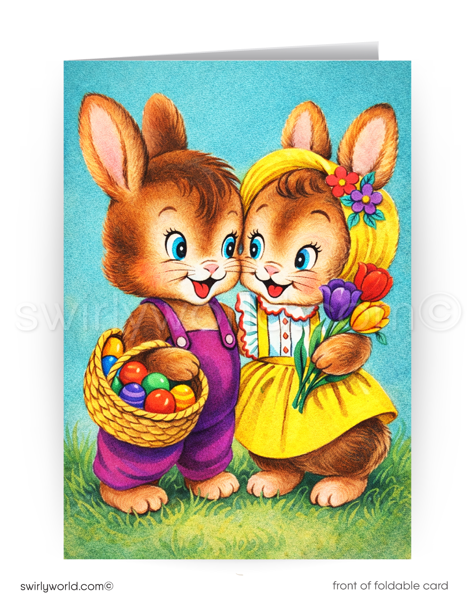 Easter card with two cartoon bunnies, one holding a basket of eggs and the other with a bouquet of flowers.