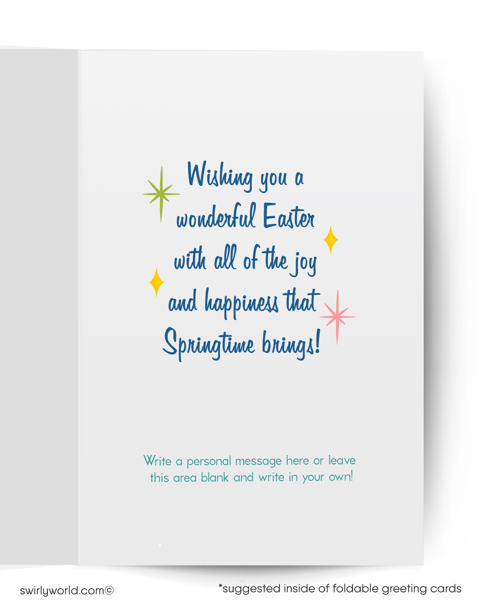 Vintage-style greeting card with a bunny painting a 'Happy Spring' sign.