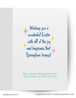 Easter greeting card with colorful text and decorative elements on a white background