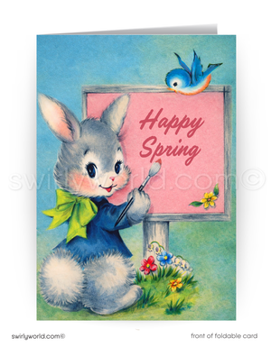 Vintage-style greeting card with a bunny painting a 'Happy Spring' sign.