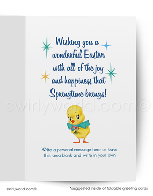 Vintage Happy Easter Greeting Card – Kitschy Bunny in Easter Suit, MCM Atomic Retro