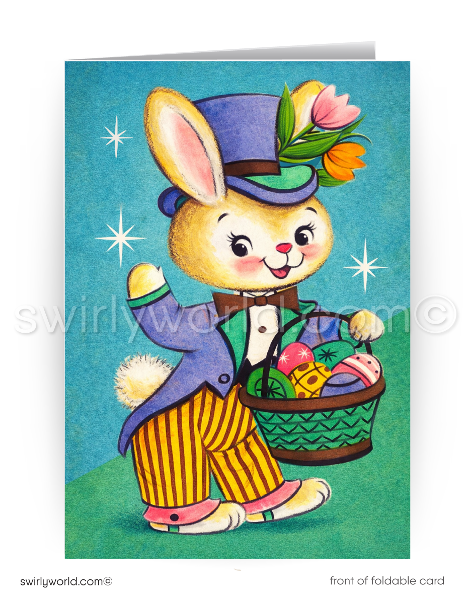 Vintage Easter Card Featuring Kitschy Bunny, MCM Design & Personalized Spring Holiday Greetings