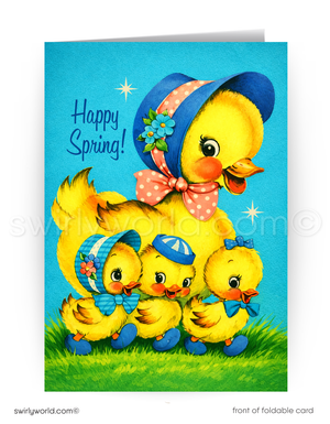 Card with a cartoon duck family and 'Happy Spring!' text on a blue background