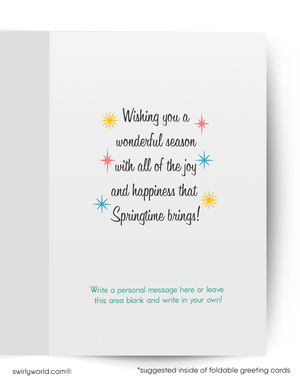 Greeting card with colorful text and stars on a white background