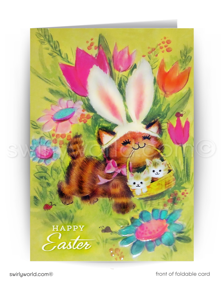Adorable vintage Easter card with a kitty carrying baby kittens in a basket through a blooming spring garden. Classic 1960s retro style with timeless charm!