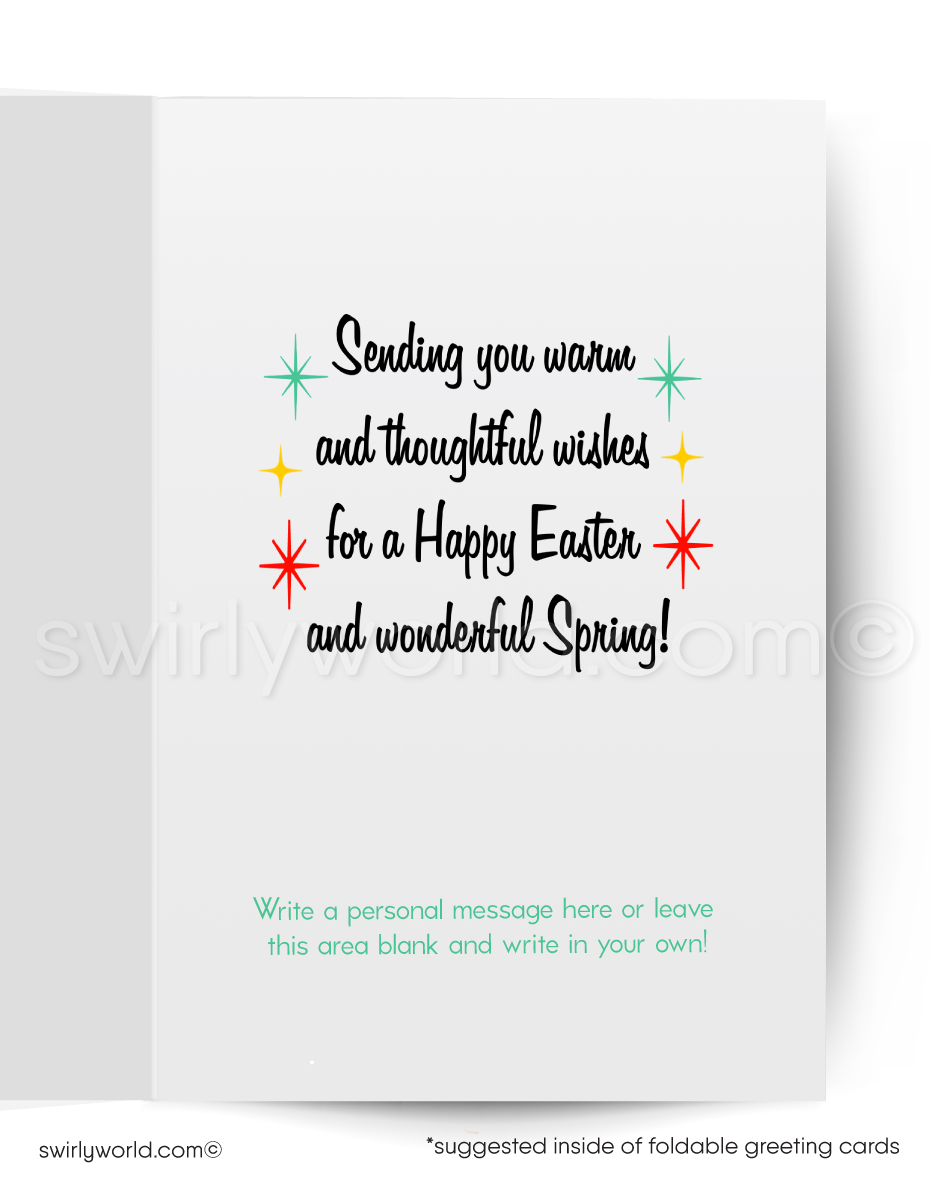 Charming vintage Easter card with a dapper rooster & bowtie-wearing chick. Retro blue backdrop, colorful feathers & mid-century modern typography!