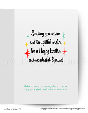 Charming vintage Easter card with a dapper rooster & bowtie-wearing chick. Retro blue backdrop, colorful feathers & mid-century modern typography!