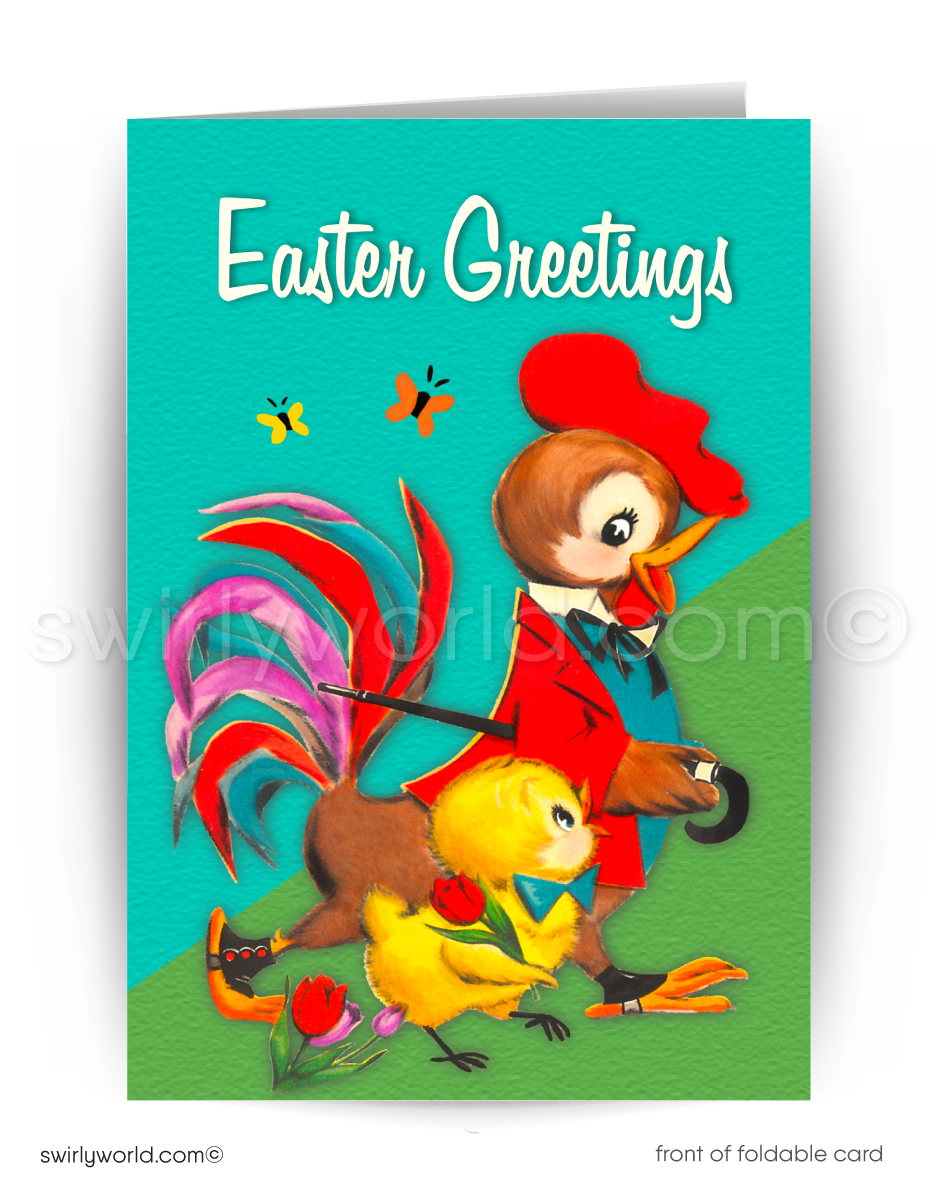 Charming vintage Easter card with a dapper rooster & bowtie-wearing chick. Retro blue backdrop, colorful feathers & mid-century modern typography!