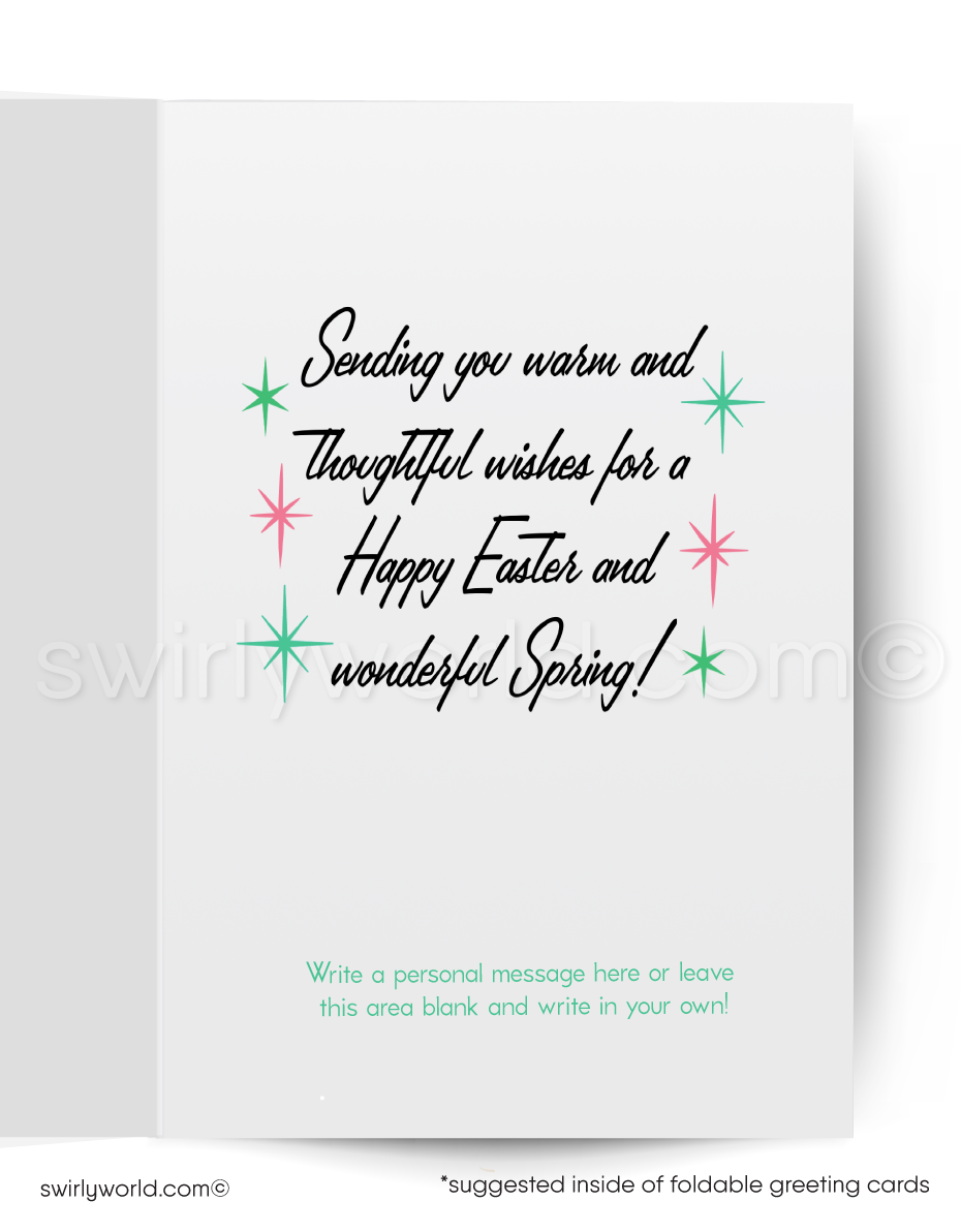 Adorable vintage Easter card featuring a baby lamb with a pink bow. Retro teal backdrop, atomic starbursts & mid-century modern charm for spring greetings!