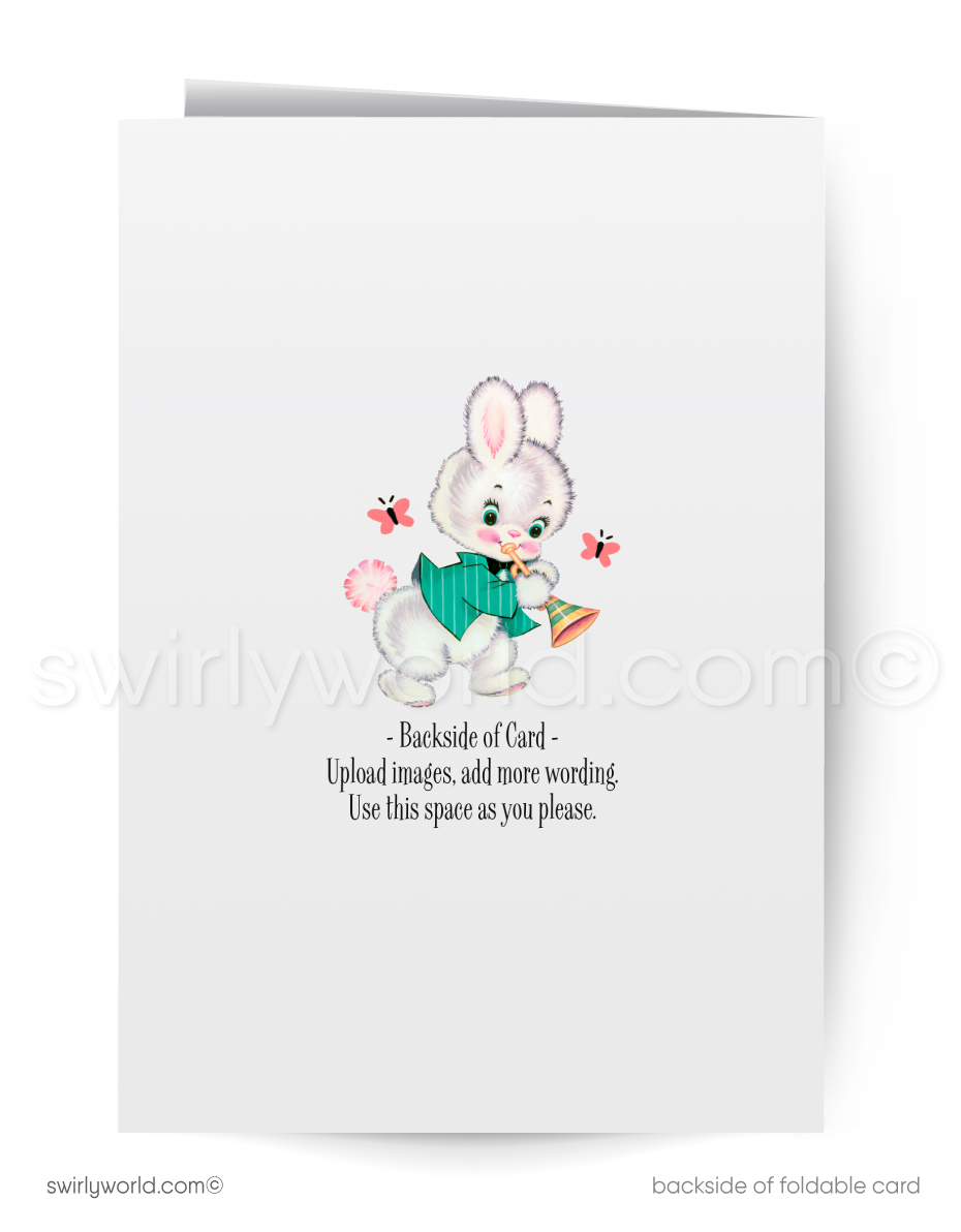 Vintage Easter Card – Kitschy Baby Lamb with Pink Bow, Retro MCM Atomic Design