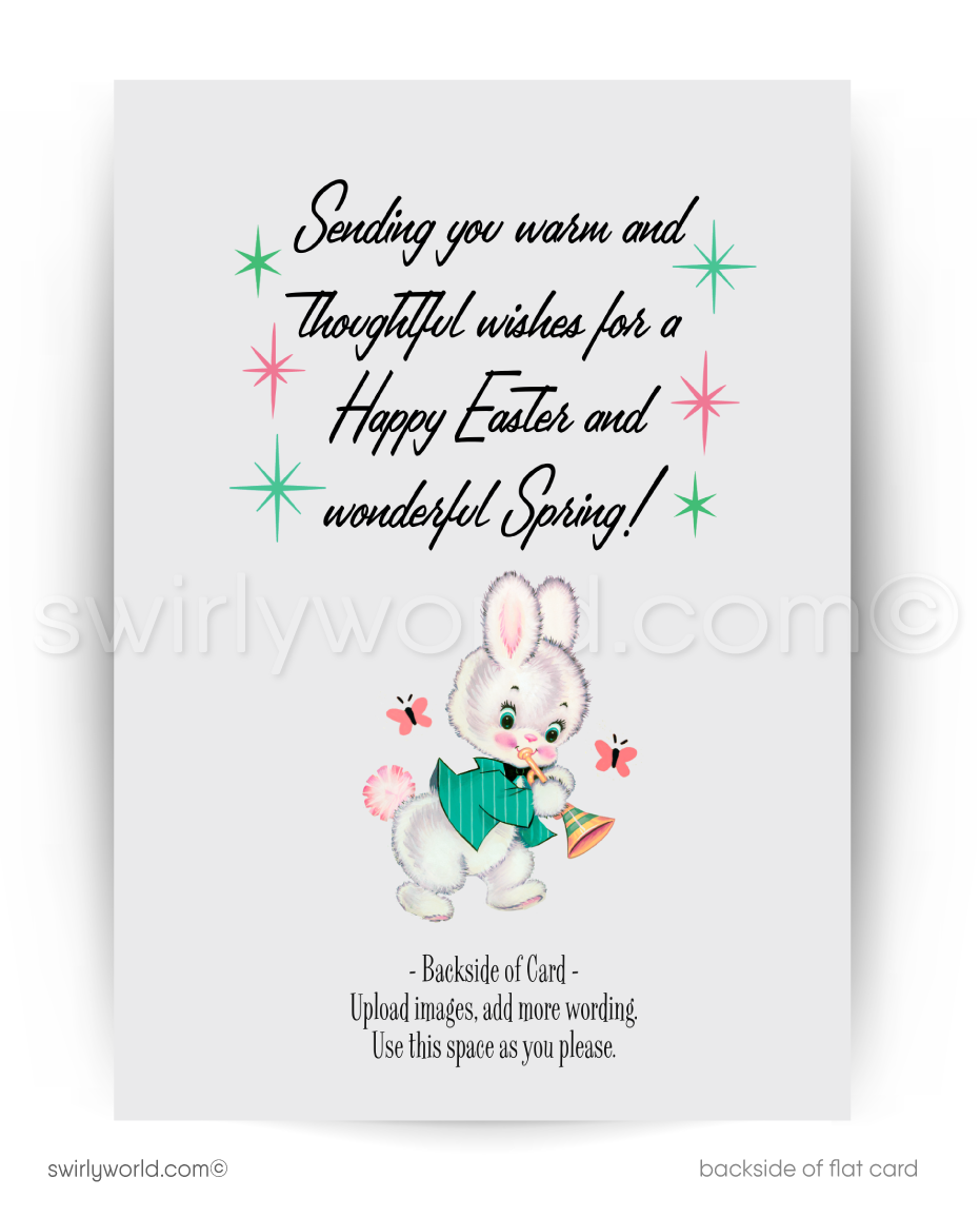 Adorable vintage Easter card featuring a baby lamb with a pink bow. Retro teal backdrop, atomic starbursts & mid-century modern charm for spring greetings!