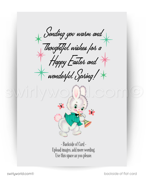 Adorable vintage Easter card featuring a baby lamb with a pink bow. Retro teal backdrop, atomic starbursts & mid-century modern charm for spring greetings!