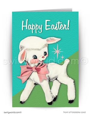 Adorable vintage Easter card featuring a baby lamb with a pink bow. Retro teal backdrop, atomic starbursts & mid-century modern charm for spring greetings!
