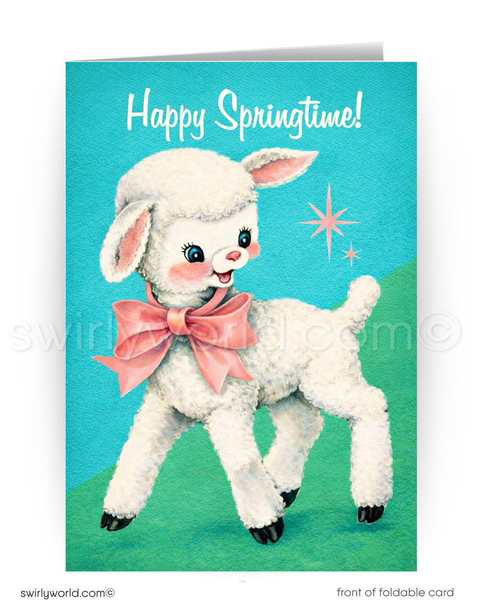 Card with a lamb illustration and 'Happy Springtime!' text on a blue background