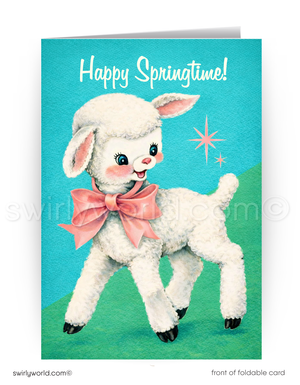 Card with a lamb illustration and 'Happy Springtime!' text on a blue background