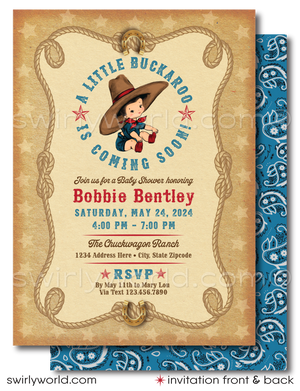 Throw a yee-haw-worthy baby shower with Swirly World's Retro 1950s Cowboy Theme Invitation Set! Features a baby cowboy, western fonts, and classic bandana patterns in red, blue, and brown. Edit easily with Corjl. Perfect for a vintage-inspired, cowboy-themed celebration for your little boy.