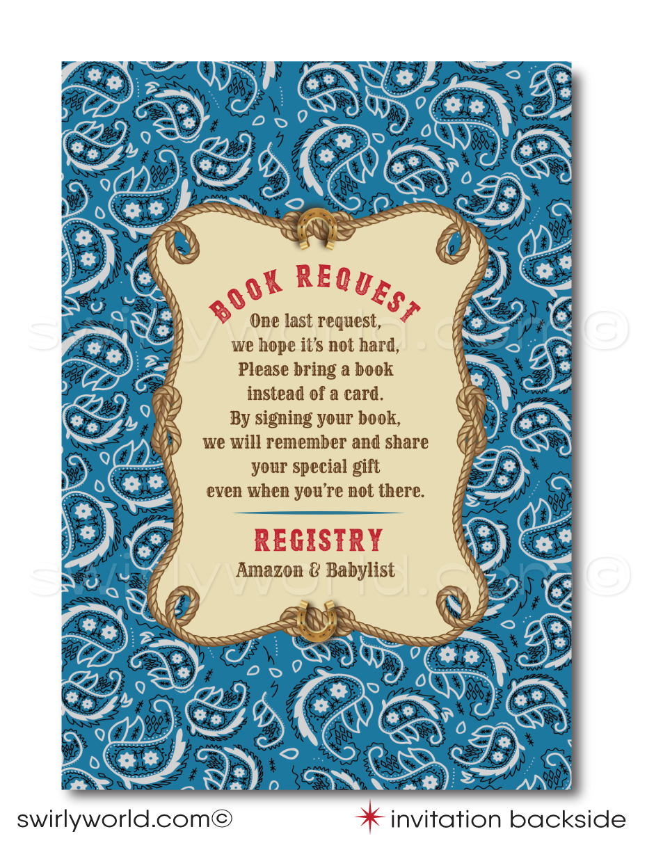 Throw a yee-haw-worthy baby shower with Swirly World's Retro 1950s Cowboy Theme Invitation Set! Features a baby cowboy, western fonts, and classic bandana patterns in red, blue, and brown. Edit easily with Corjl. Perfect for a vintage-inspired, cowboy-themed celebration for your little boy.