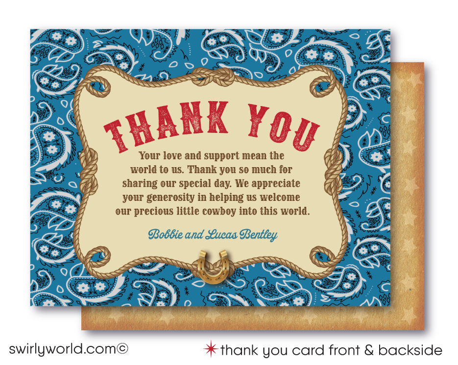 Throw a yee-haw-worthy baby shower with Swirly World's Retro 1950s Cowboy Theme Invitation Set! Features a baby cowboy, western fonts, and classic bandana patterns in red, blue, and brown. Edit easily with Corjl. Perfect for a vintage-inspired, cowboy-themed celebration for your little boy.