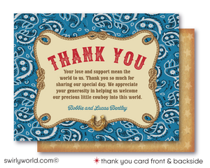 Throw a yee-haw-worthy baby shower with Swirly World's Retro 1950s Cowboy Theme Invitation Set! Features a baby cowboy, western fonts, and classic bandana patterns in red, blue, and brown. Edit easily with Corjl. Perfect for a vintage-inspired, cowboy-themed celebration for your little boy.