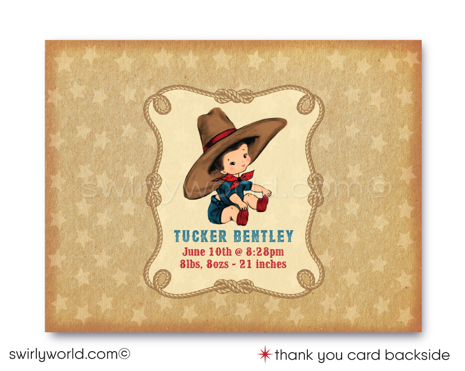 Throw a yee-haw-worthy baby shower with Swirly World's Retro 1950s Cowboy Theme Invitation Set! Features a baby cowboy, western fonts, and classic bandana patterns in red, blue, and brown. Edit easily with Corjl. Perfect for a vintage-inspired, cowboy-themed celebration for your little boy.