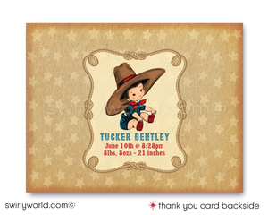 Throw a yee-haw-worthy baby shower with Swirly World's Retro 1950s Cowboy Theme Invitation Set! Features a baby cowboy, western fonts, and classic bandana patterns in red, blue, and brown. Edit easily with Corjl. Perfect for a vintage-inspired, cowboy-themed celebration for your little boy.